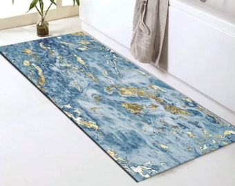 Bathmat, Bath Rugs, Washable Bathroom Mat, Bath Rug, Bathroom Decor Rugs, Marble Rug, Blue and Gold Rug, Home Decor Rug, Mat Size Rug, Mat