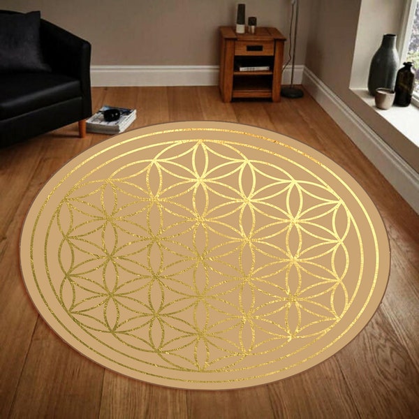 Alfombra de geometría sagrada, alfombra redonda, alfombra de flor de la vida, alfombra en forma, alfombra con estampado dorado, alfombras para sala de estar, alfombra de decoración de geometría sagrada, alfombra circular,