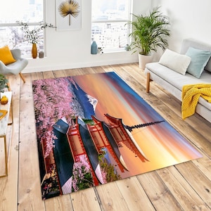 Cherry Blossoms, Spring ,Chureito, Pagoda Fuji Mountain, Sunset Japan, Fuji Print Rug, Fuji Mountain Art Rug, Cherry Blossom Rug,Japan Decor