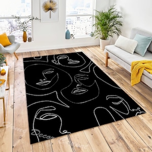 Line Art, Abstract Art, Black and White Rug, Area Rug, for Bedroom, Living Room, Non slip, Modern Rug, Popular Rug, One Line Faces Art Rugs