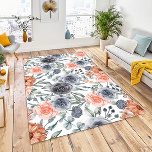 Flower Navy Peach, Floral of Navy And Peach, Watercolor Roses And Wild Flowers, Home Decor Rug, Area Rug, Living Room Rug, For Bedroom Rugs
