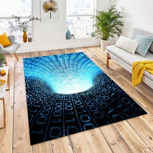 Puede incluir: Alfombra abstracta con un diseño azul y negro que presenta un patrón de código binario en espiral. El código parece formar un túnel o un vórtice.