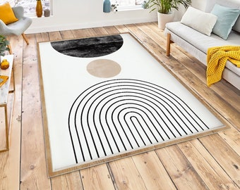Mid Century Modern Wall Art Rug, Neutral Abstract Geometric