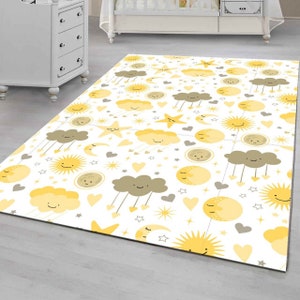 Wolke und Sonne gemusterter Kinderteppich, Babyteppich, Kinderzimmer-Wandteppich, Babydusche, Teppich Sonne und Wolken, Gelber Teppich Jungen Geschenk Teppich
