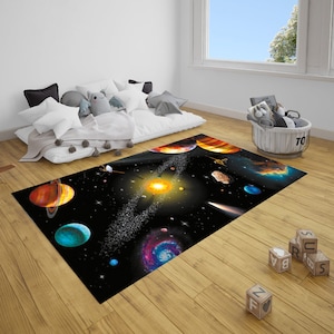 Sonnensystem großflächiger Teppich, Kinderteppich, rutschfest, lernfähiger Lernteppich für Spielzimmer, Schlafzimmer Cartoon Space Planet