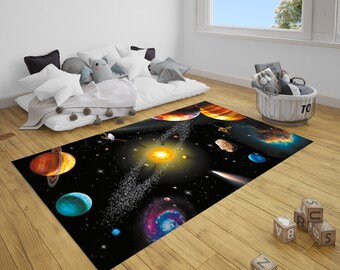 Solar System Kids Rug: Washable Space Planet Learning Carpet
