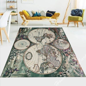May include: A vintage-style rug with a green background featuring four detailed world maps in beige, brown, and red. The maps are surrounded by decorative elements in gold, pink, and blue.