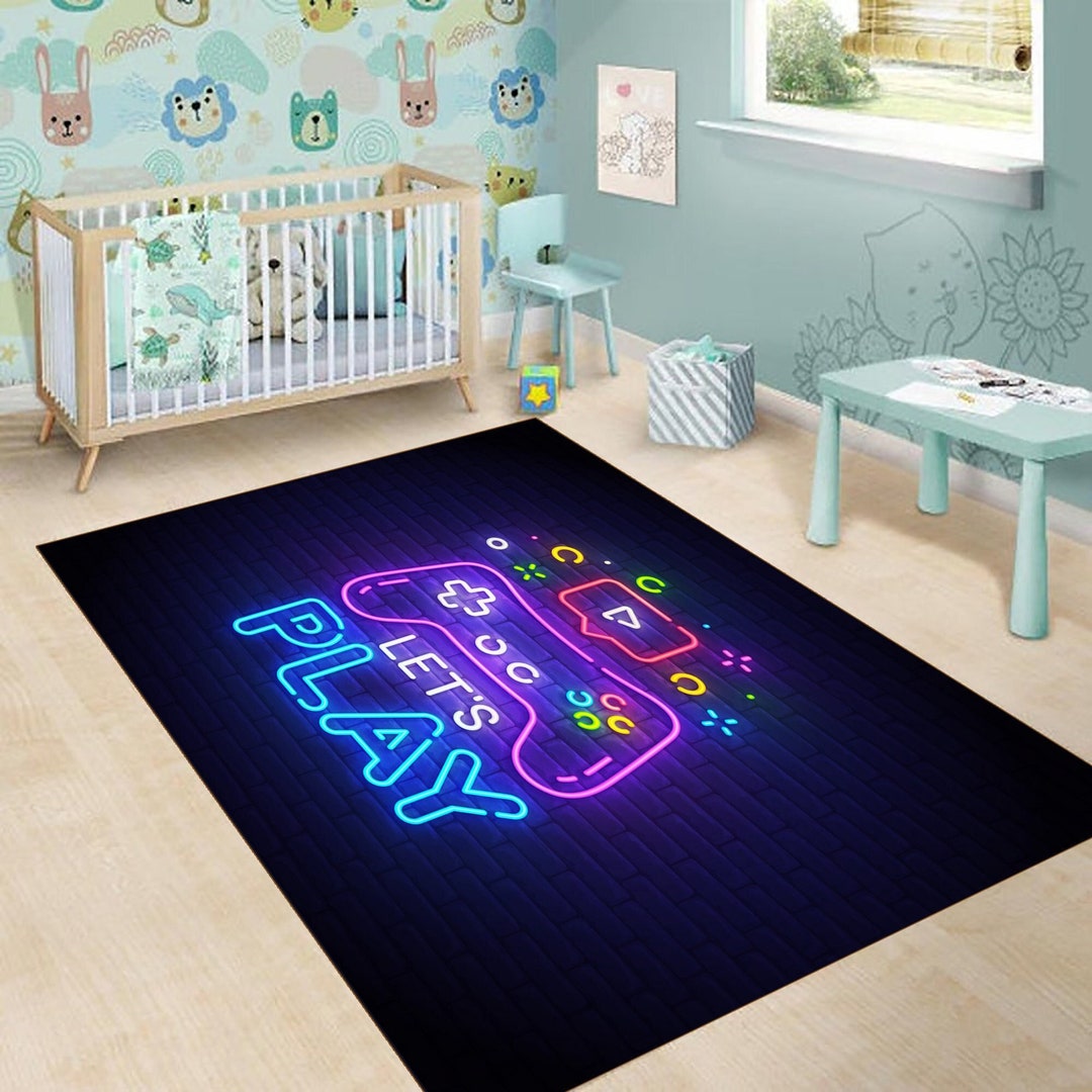 Play Area Rug Design Lets Play, Lets Play Area Rug, Neon Design Style, Game Room Decor ...