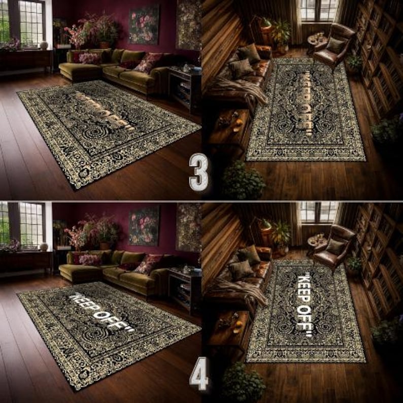 K&ouml;nnte beinhalten: Ein rechteckiger Teppich mit einem schwarz-goldenen Ornamentmuster aus komplexen Schn&ouml;rkeln und floralen Motiven. In der Mitte des Teppichs steht der Text "KEEP OFF" in fetten, wei&szlig;en Gro&szlig;buchstaben, umgeben von einer dekorativen Bord&uuml;re.