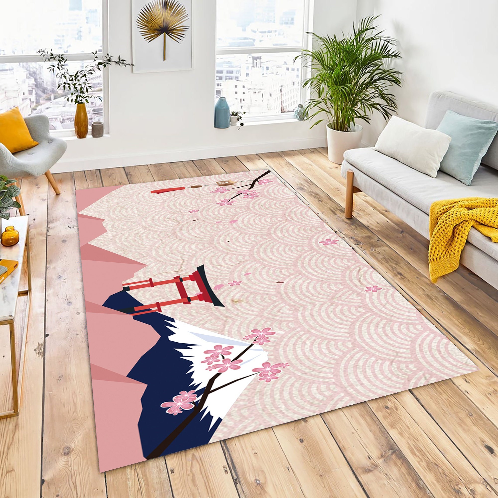 Japanese Patterned Rug: Mt. Fuji & Cherry Blossoms, Modern Home