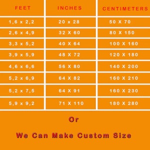 May include: A chart showing different sizes for rugs in feet, inches, and centimeters. The chart includes sizes ranging from 1.6 x 2.2 feet to 5.9 x 9.2 feet. The chart also includes the option to order custom sizes.