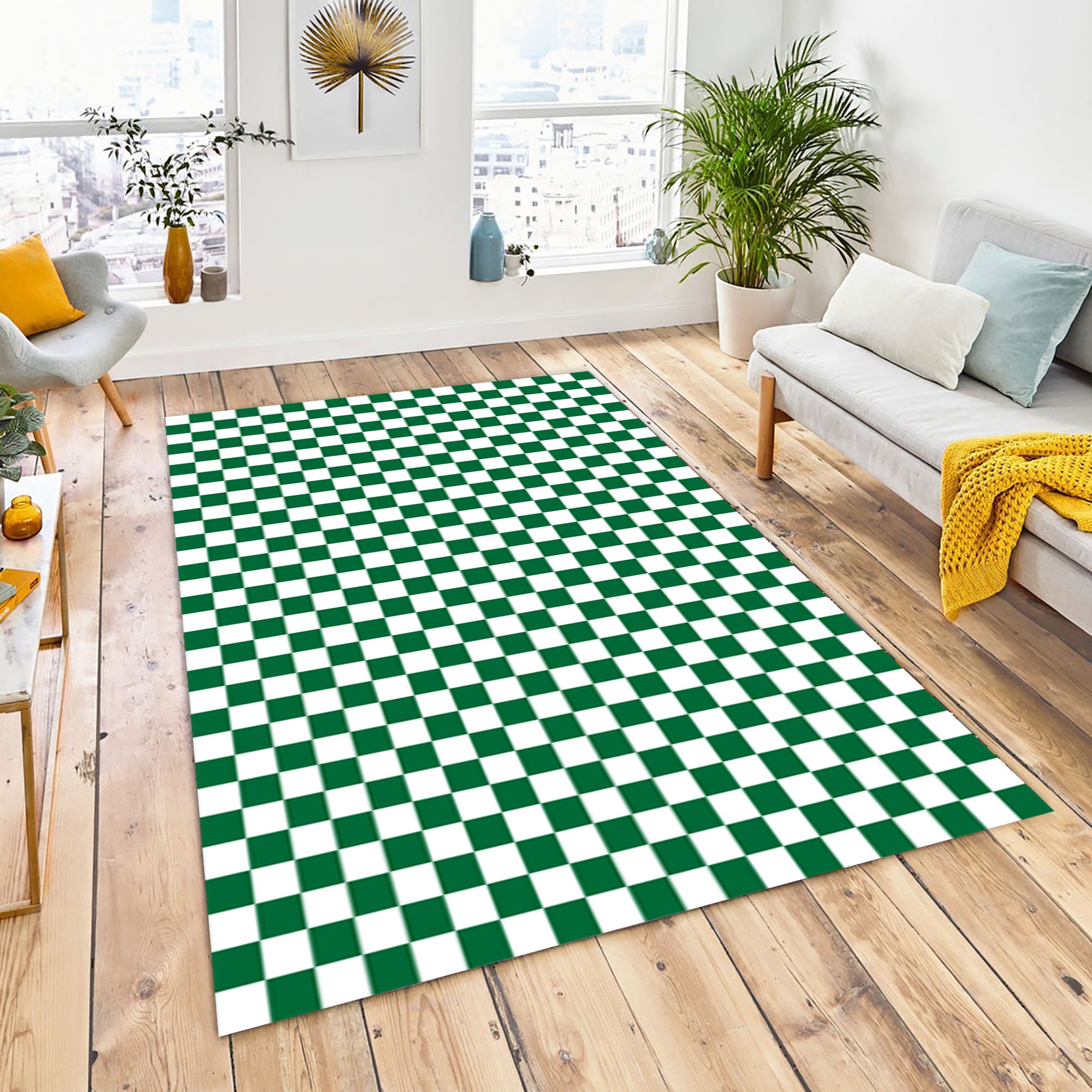 チェック柄デザインラグ、グリーンホワイトラグ、チェック柄デザイン  