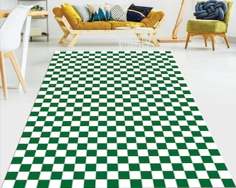 緑と白のチェック柄ラグ：モダンなチェック柄エリアラグ - Etsy 日本