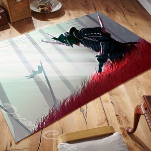 May include: A rug with a samurai warrior standing in a forest with red grass. The warrior is wearing black armor and a helmet. The background is a light green and white forest.
