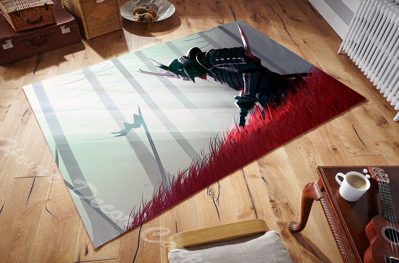 May include: A rug with a samurai warrior standing in a forest with red grass. The warrior is wearing black armor and a helmet. The background is a light green and white forest.