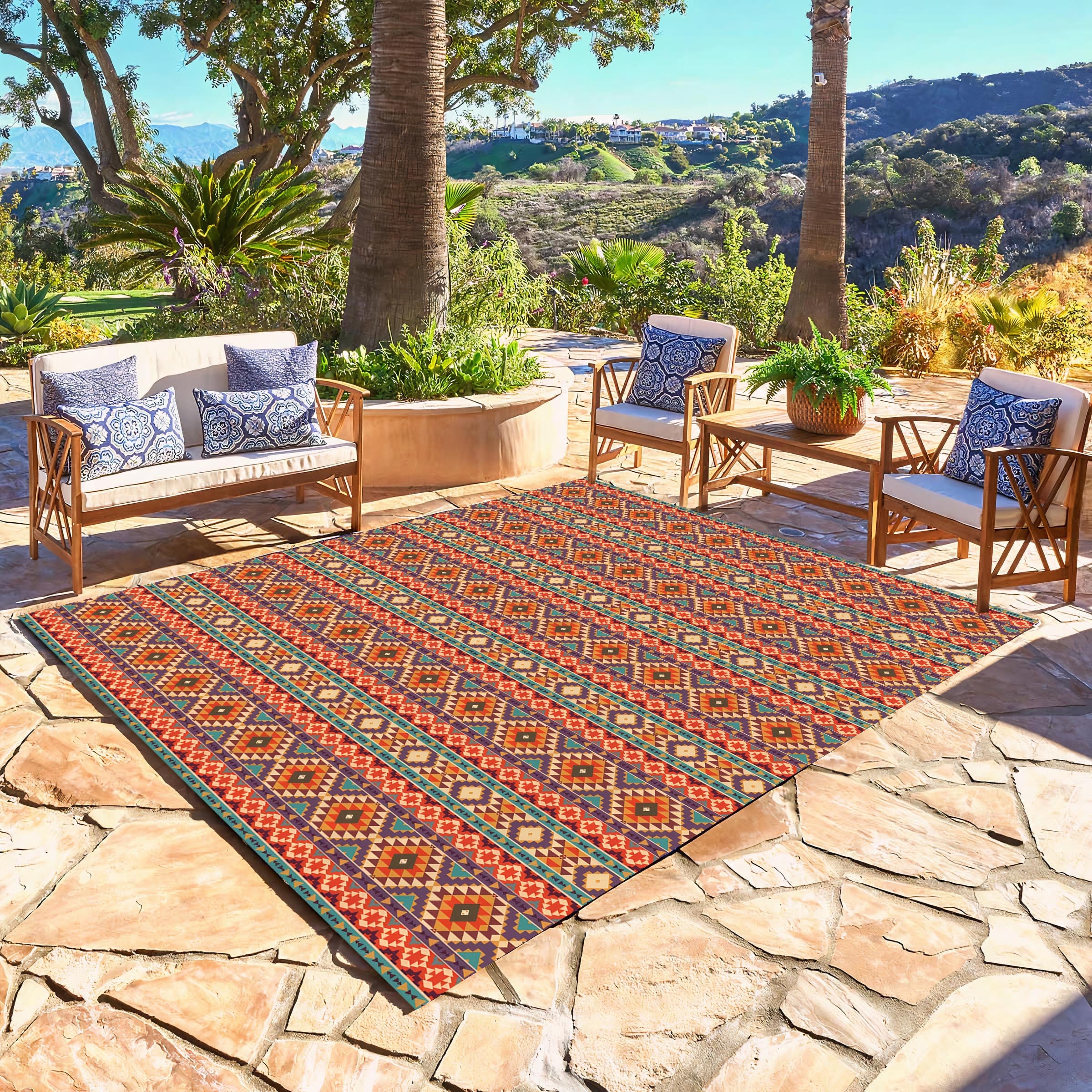 FH Home Flat Woven Outdoor Rug - Waterproof, Easy to Clean, Stain Resistant - Premium Polypropylene Yarn - Boho Moroccan - Patio, Deck, Porch, Balcony