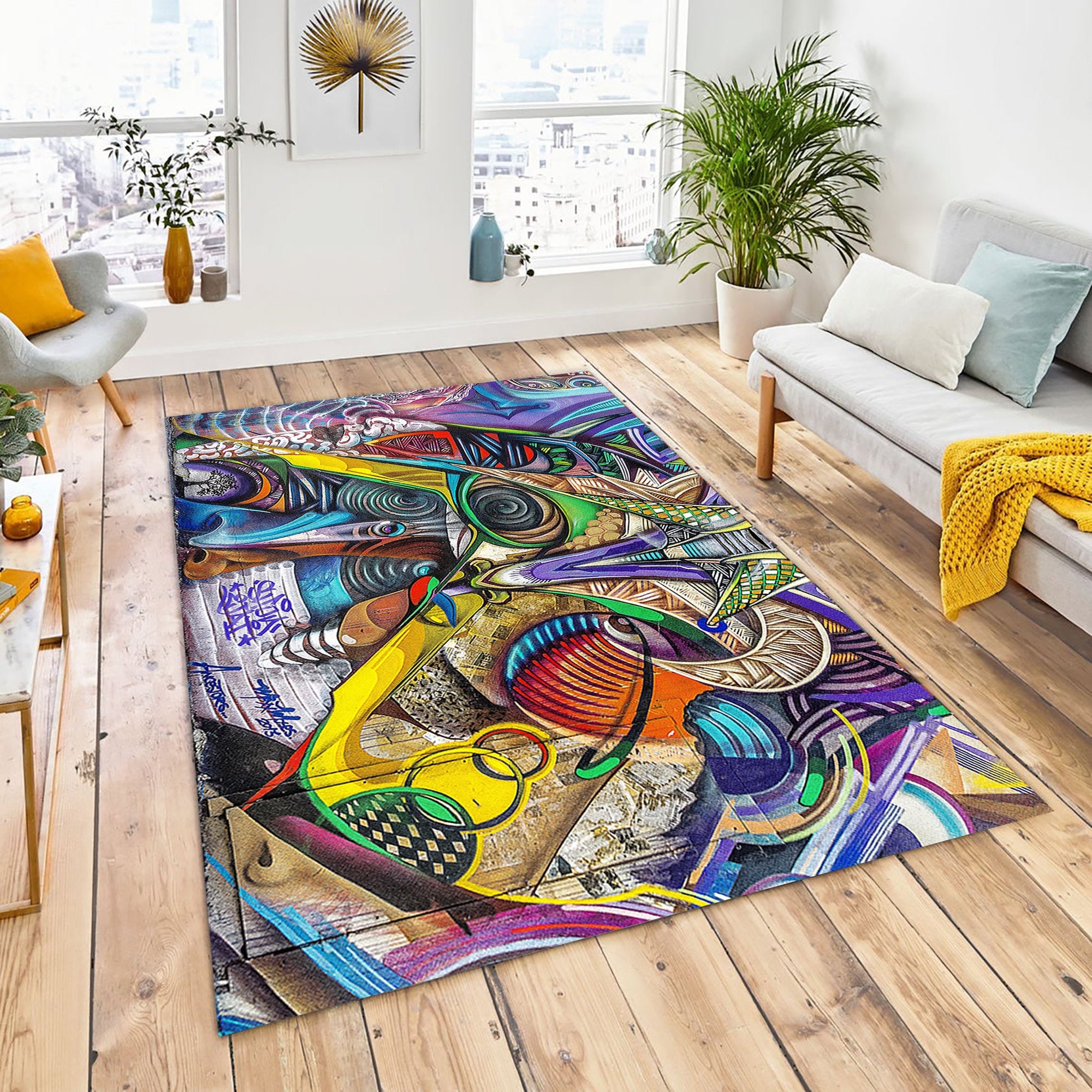  Teppich antirutsch für Teppich Blaue gelbe Kunst Graffiti  Geometrische Design Wohnzimmer Teppich antirutsch für teppiche Kamin deko  Wohnzimmer Teppich 100*200cm