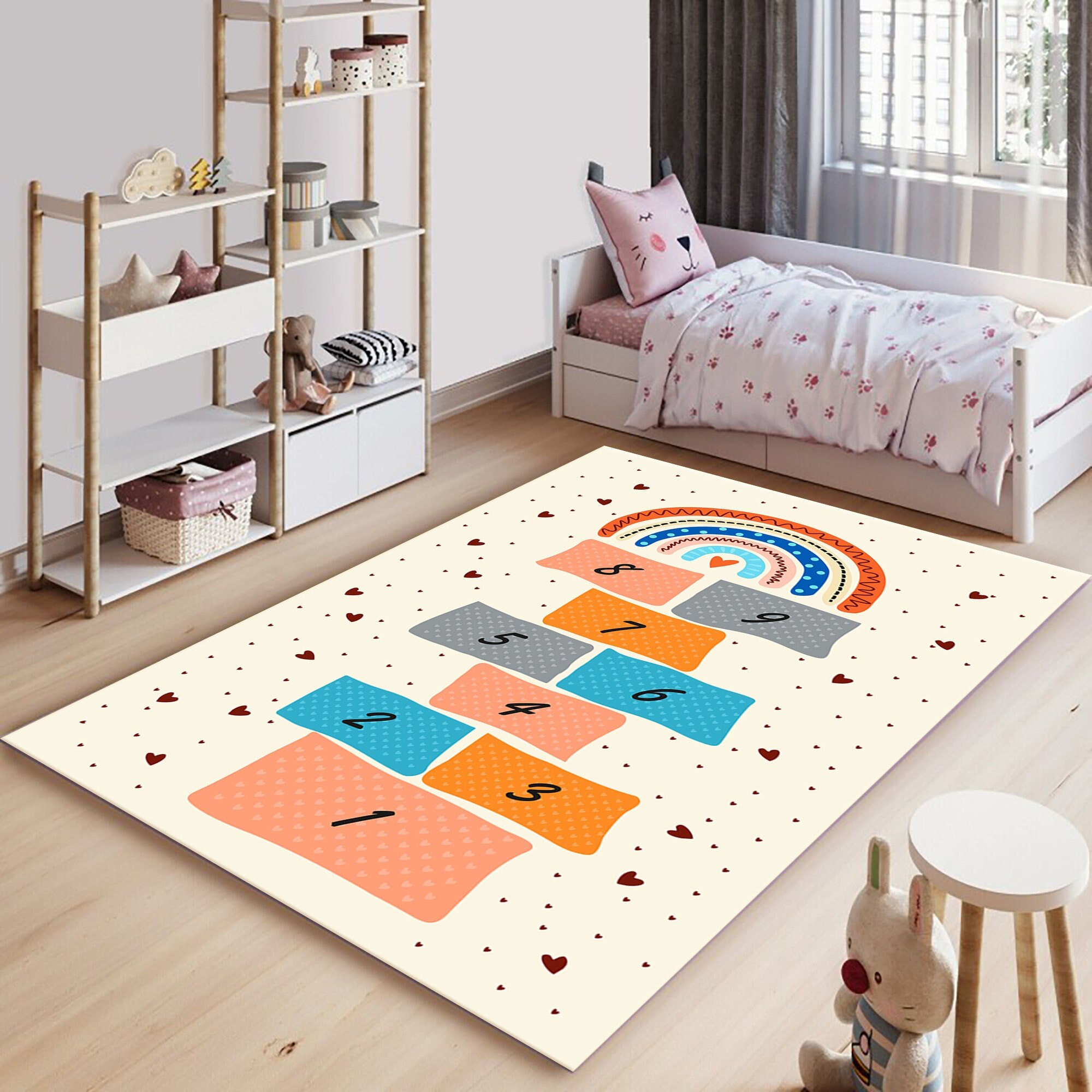 Gray Dytiying Hopscotch Game Rug Kids Hop and Count Carpet Crawling Jumping Play Runner Rug Play Mat Bedroom Sports Carpet 