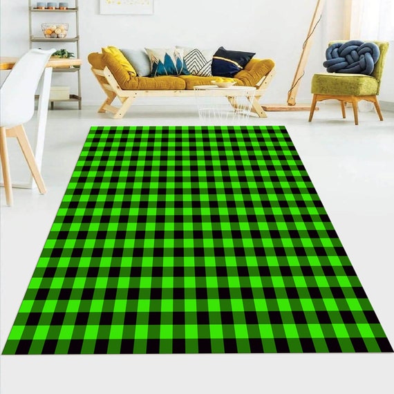 Gingham verde brillante y negro, alfombra de granja, verde Gingham