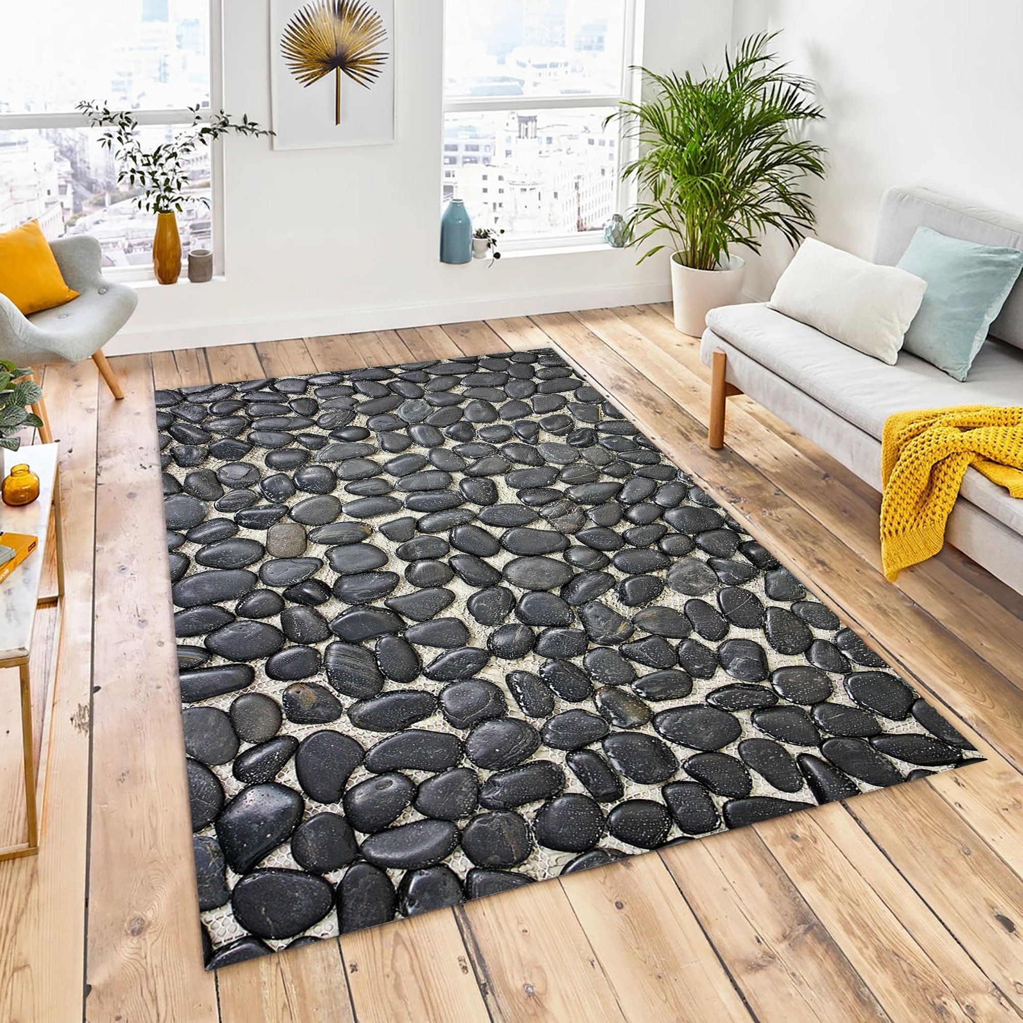 Sala de estar de diseñador, habitación juvenil, patrón de bloque de alfombra,  motivo de piedra, más gris