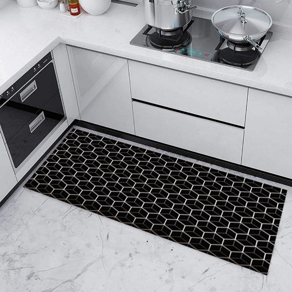 Kitchen, Kitchen Floor Mat Deisgn, Kitchen Mat, Kitchen Door Mat, Cook Area  Rug,floor Tiles,thick and Soft Rug,decor Rug,black and White Rug 