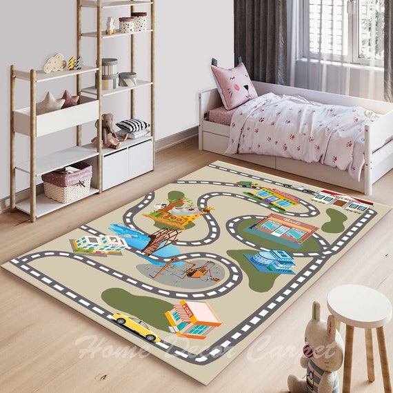 Car Rug Play Mat for Kids, Kids Carpet Playmat Rug for Kids Room Decor,  Toddlers, Bedroom, Playroom, Living Room Track, Drift, Drag Road Rug 