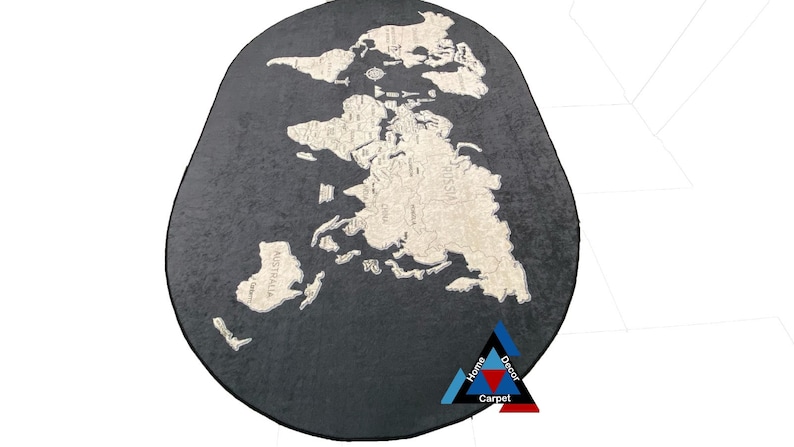 May include: A black oval rug with a white outline of the world map. The rug has the text "Home Decor Carpet" in a triangle at the bottom.