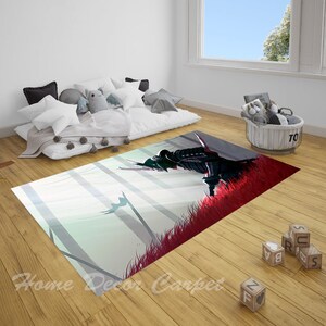 May include: A black and red rug with a samurai warrior standing in a forest. The warrior is holding a sword and is wearing armor. The rug is made of a soft, plush material and is perfect for adding a touch of style to any room.