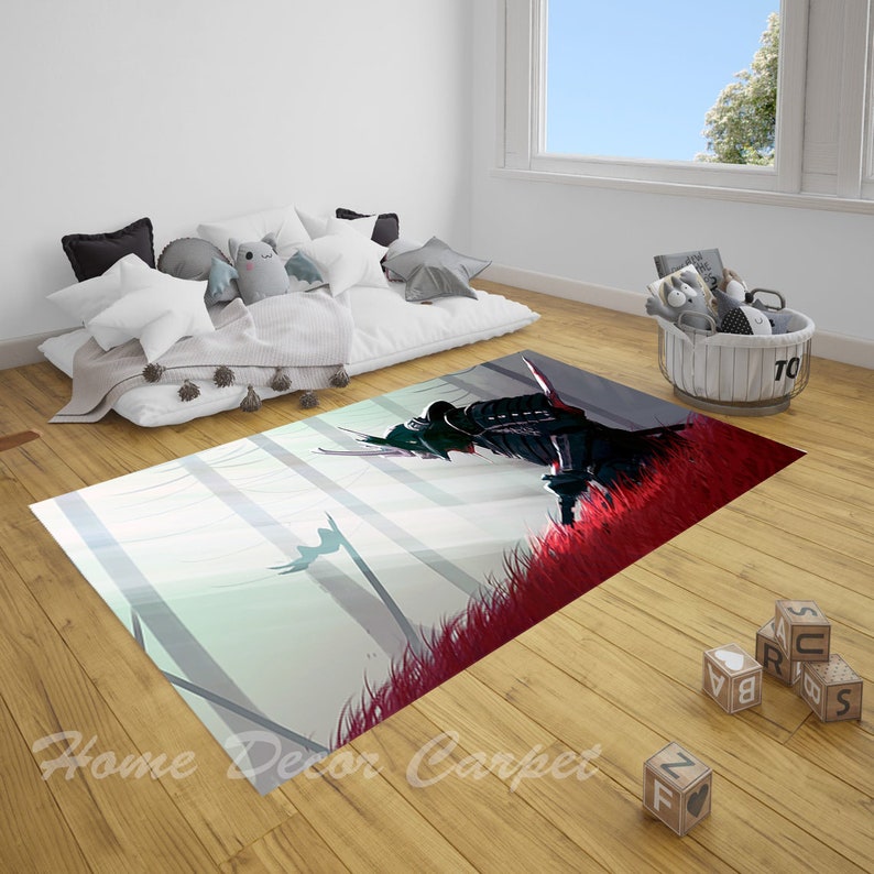May include: A black and red rug with a samurai warrior standing in a forest. The warrior is holding a sword and is wearing armor. The rug is made of a soft, plush material and is perfect for adding a touch of style to any room.
