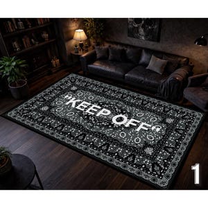 Keep Off Area Rug,Dark Bandana Style Rug,Gothic Black Rug,Statement Living Room Rug,Modern Alternative Home Decor Model1