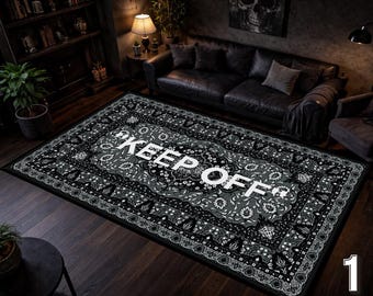 Keep Off Area Rug,Dark Bandana Style Rug,Gothic Black Rug,Statement Living Room Rug,Modern Alternative Home Decor