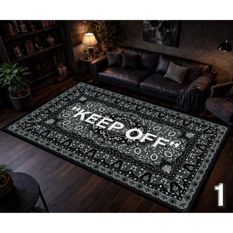 Keep Off Area Rug,Dark Bandana Style Rug,Gothic Black Rug,Statement Living Room Rug,Modern Alternative Home Decor Model1