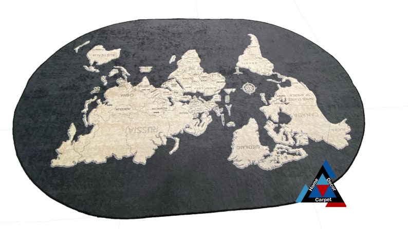 May include: A black and beige oval rug with a detailed map of the world printed on it. The rug is made of a soft, plush material and has a subtle sheen.