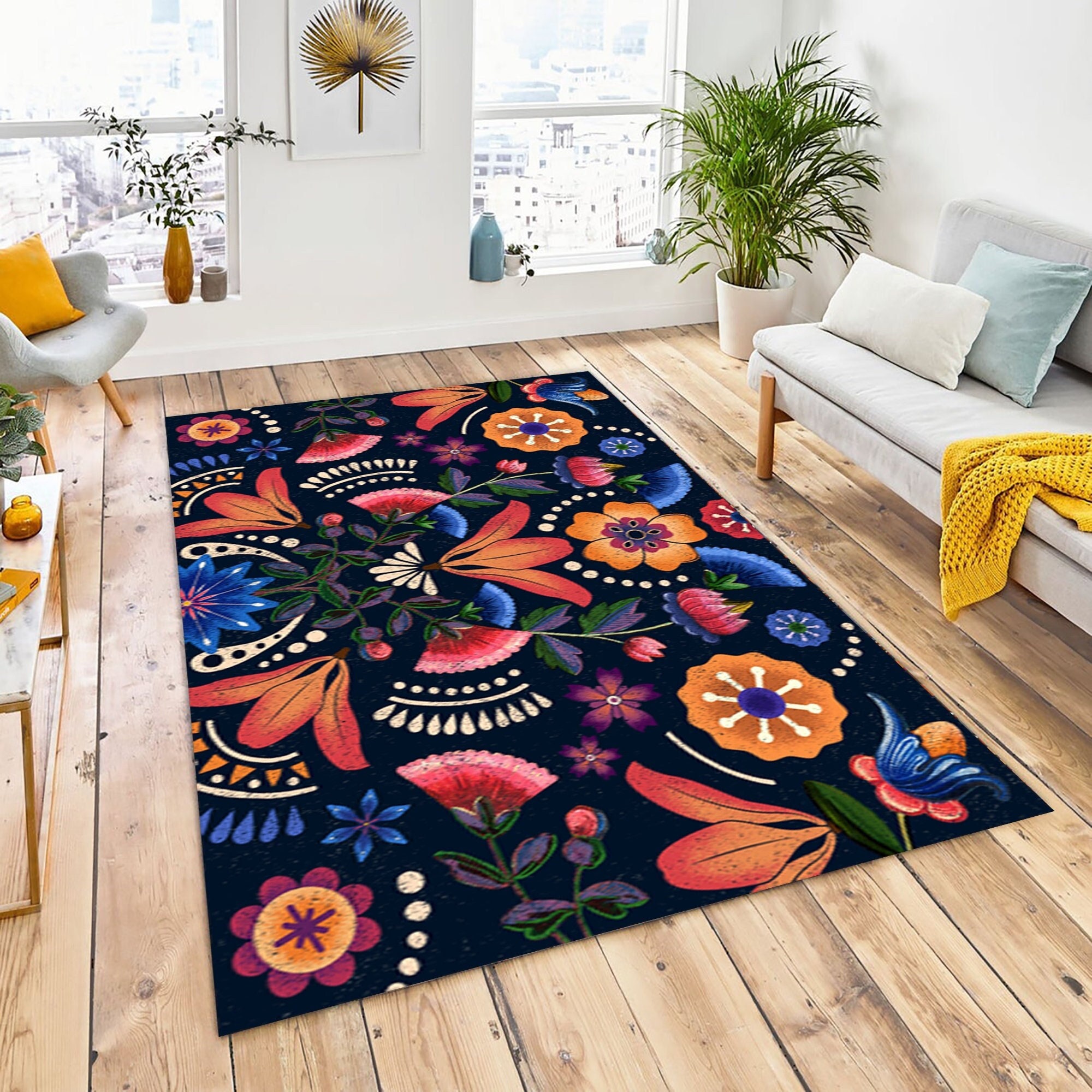 Ethnic Flower Pattern Rug, Ethnic Rug,colorful Rug,mexican Rug,ethnic  Mexican Bird and Flower Pattern, Home Decor Rugs Flower Rug,modern Rug 