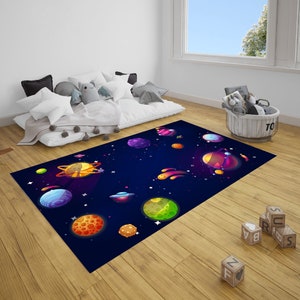 Cartoon Space Planet, Kids Rugs, Non Skid Washable, Children Educational Learning Carpet for Playroom, Bedroom Solar System Large Area Rug