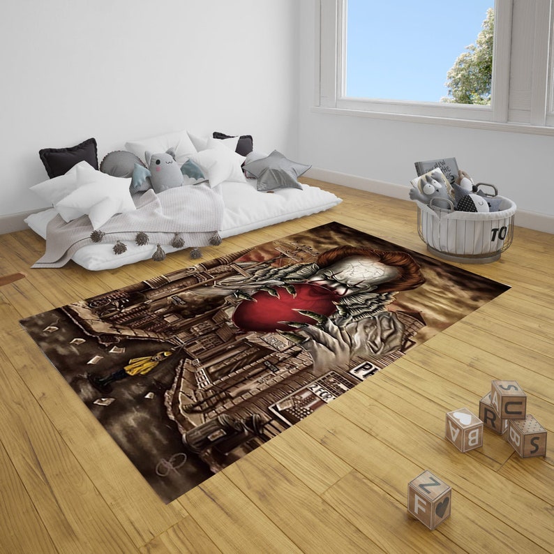 May include: A brown and red rug with a graphic of a clown holding a red heart. The clown is wearing a white shirt and a red bow tie. The background is a city scene with buildings and streetlights.