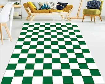 Schachbrett Grün Teppich: Rutschfeste Bodenmatte für Wohnzimmer