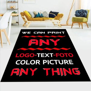 Puede incluir: Alfombra negra y roja con el texto "WE CAN PRINT ANY LOGO-TEXT-FOTO COLOR PICTURE ANY THING" en ella.