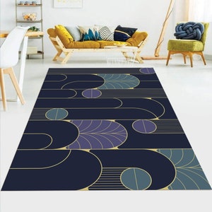 Flat Design Art Deco, Art Deco Style Area Rug, Golden elements on Blue Background Print Carpet, Art Rugs for Bedroom, Rugs For Living Room