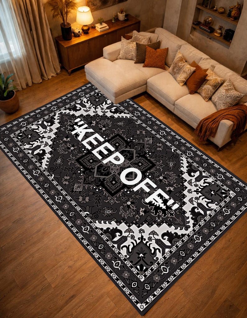 Keep Off Area Rug,Dark Bandana Style Rug,Gothic Black Rug,Statement Living Room Rug,Modern Alternative Home Decor image 4