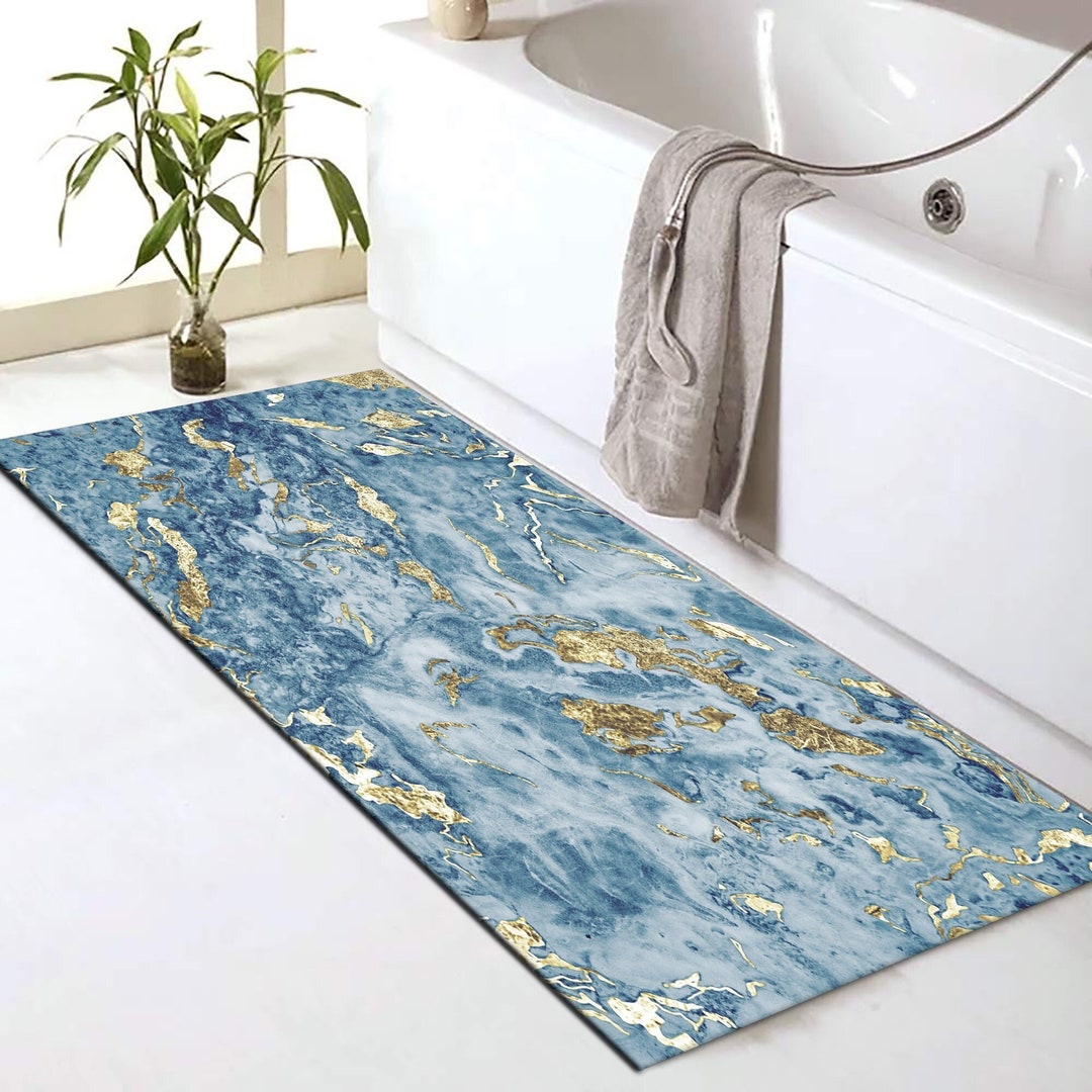 Blau-gold marmorierte Badematte: Waschbarer Badezimmerteppich
