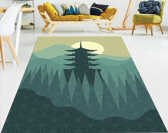 Japanese Pagoda Rug: Minimalist Anime Art Decor