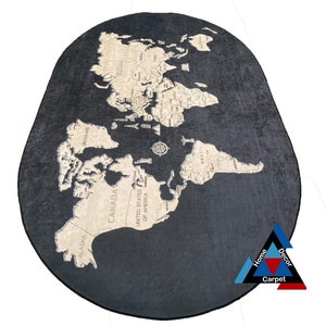 May include: A black oval rug with a beige world map design. The rug has a soft, plush texture and is perfect for adding a touch of global style to any room.