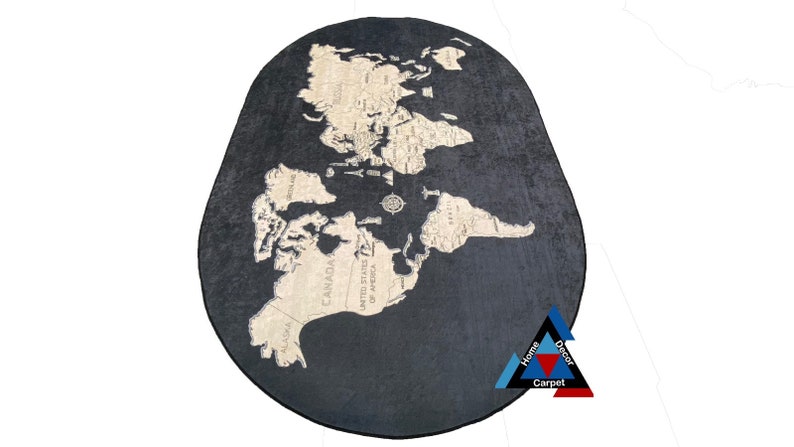 May include: A black oval rug with a beige world map design. The rug has a soft, plush texture and is perfect for adding a touch of global style to any room.