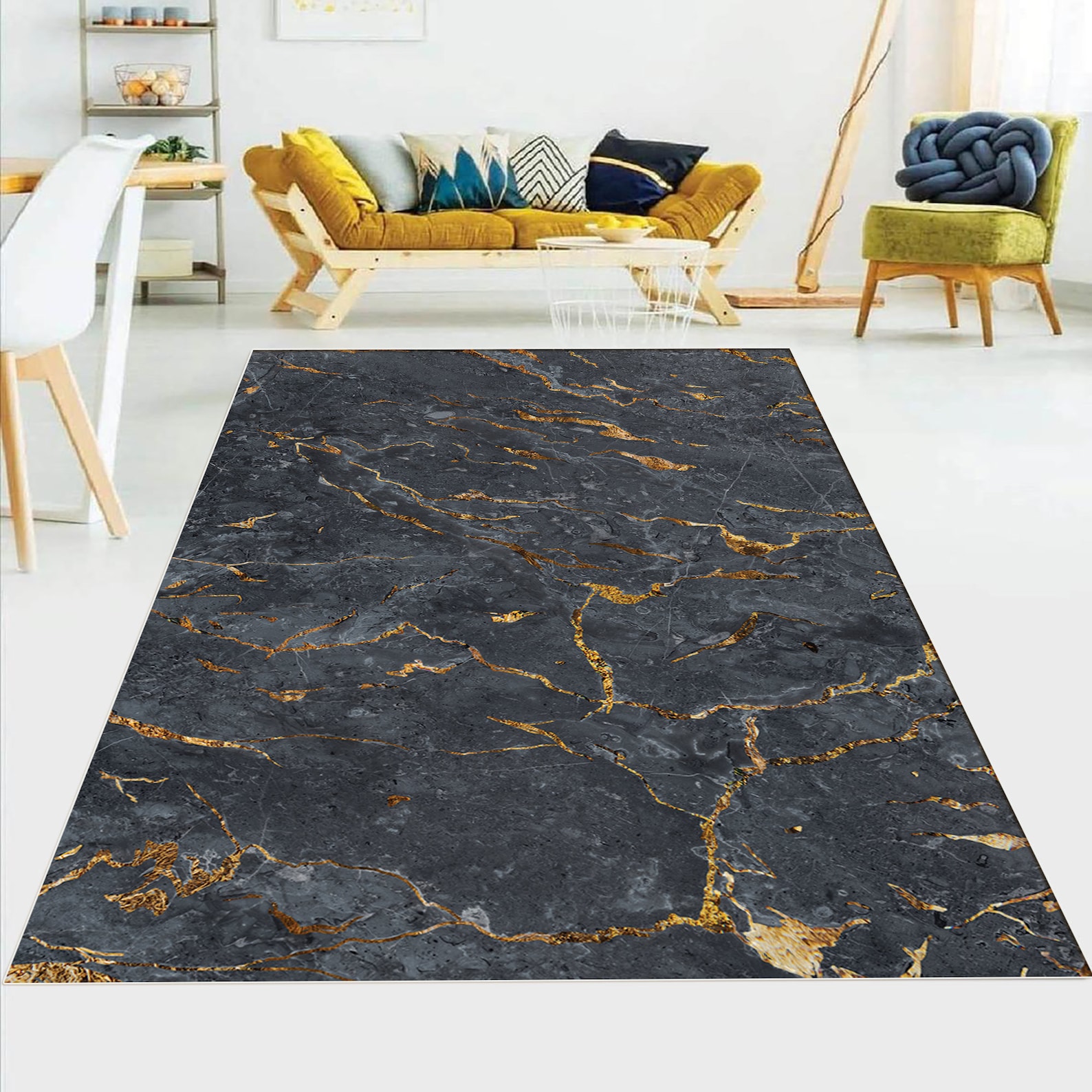 Marble Area Rug for Living Roommodern Gold Glitter Black Etsy
