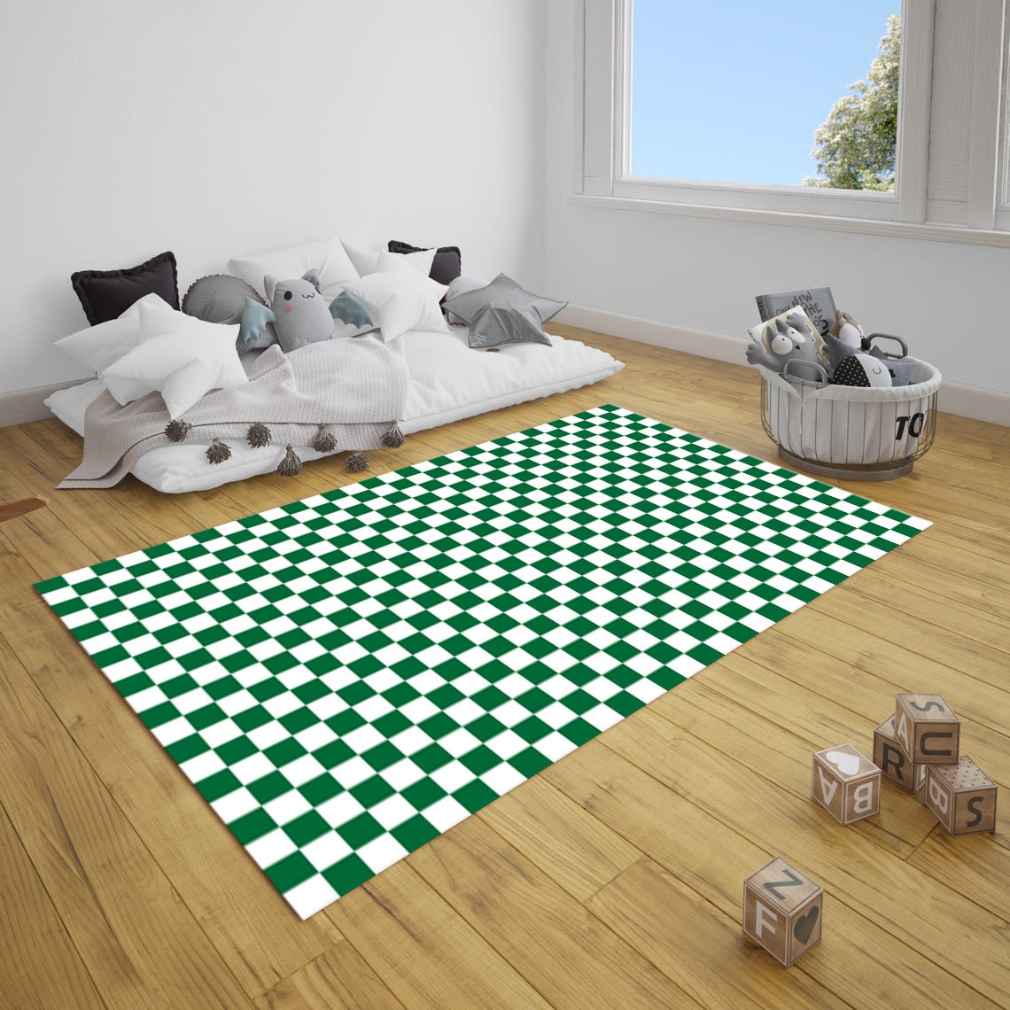 チェック柄デザインラグ、グリーンホワイトラグ、チェック柄デザイン  