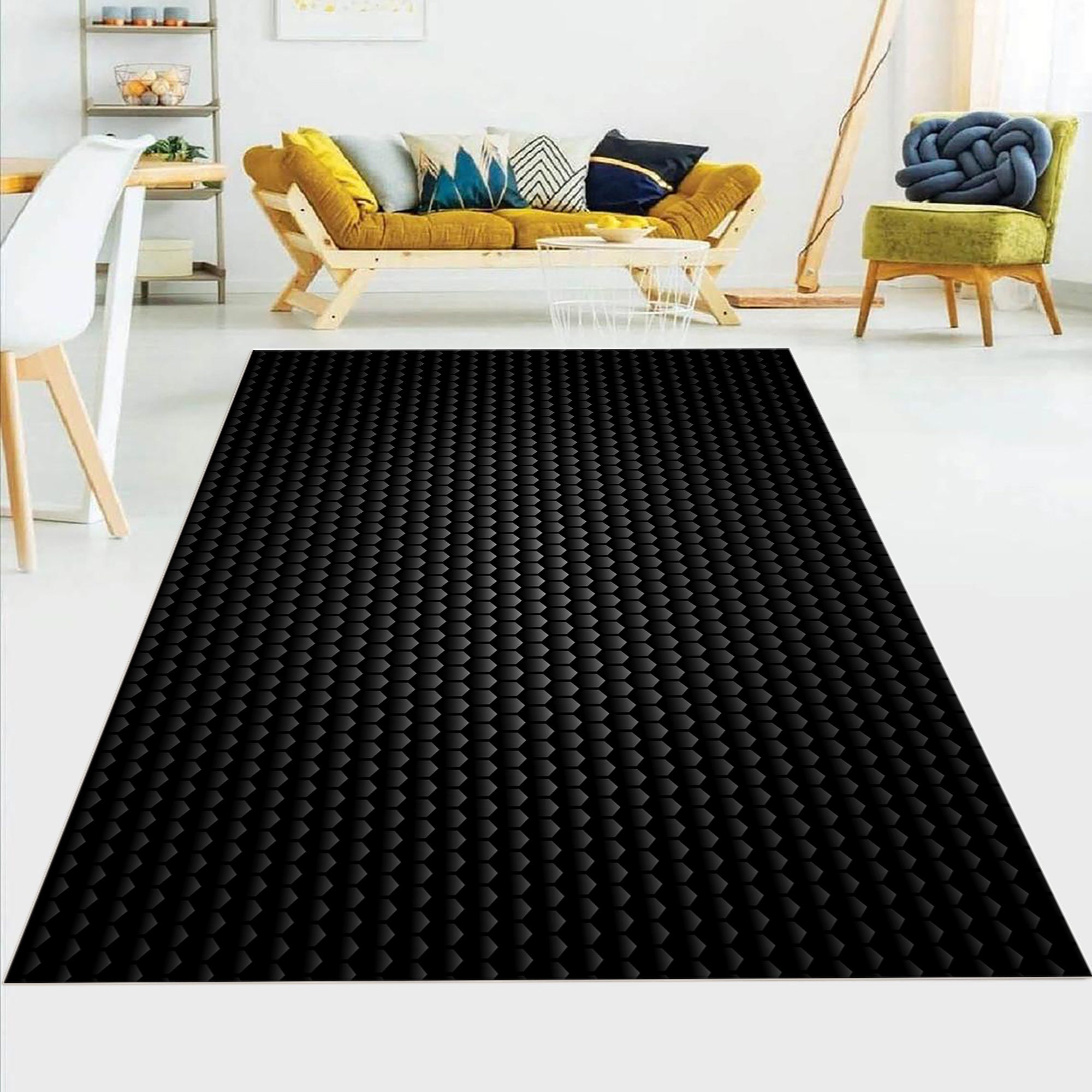 Black Carbon Fiber Texture Patterned Rug, Realistic Carbon