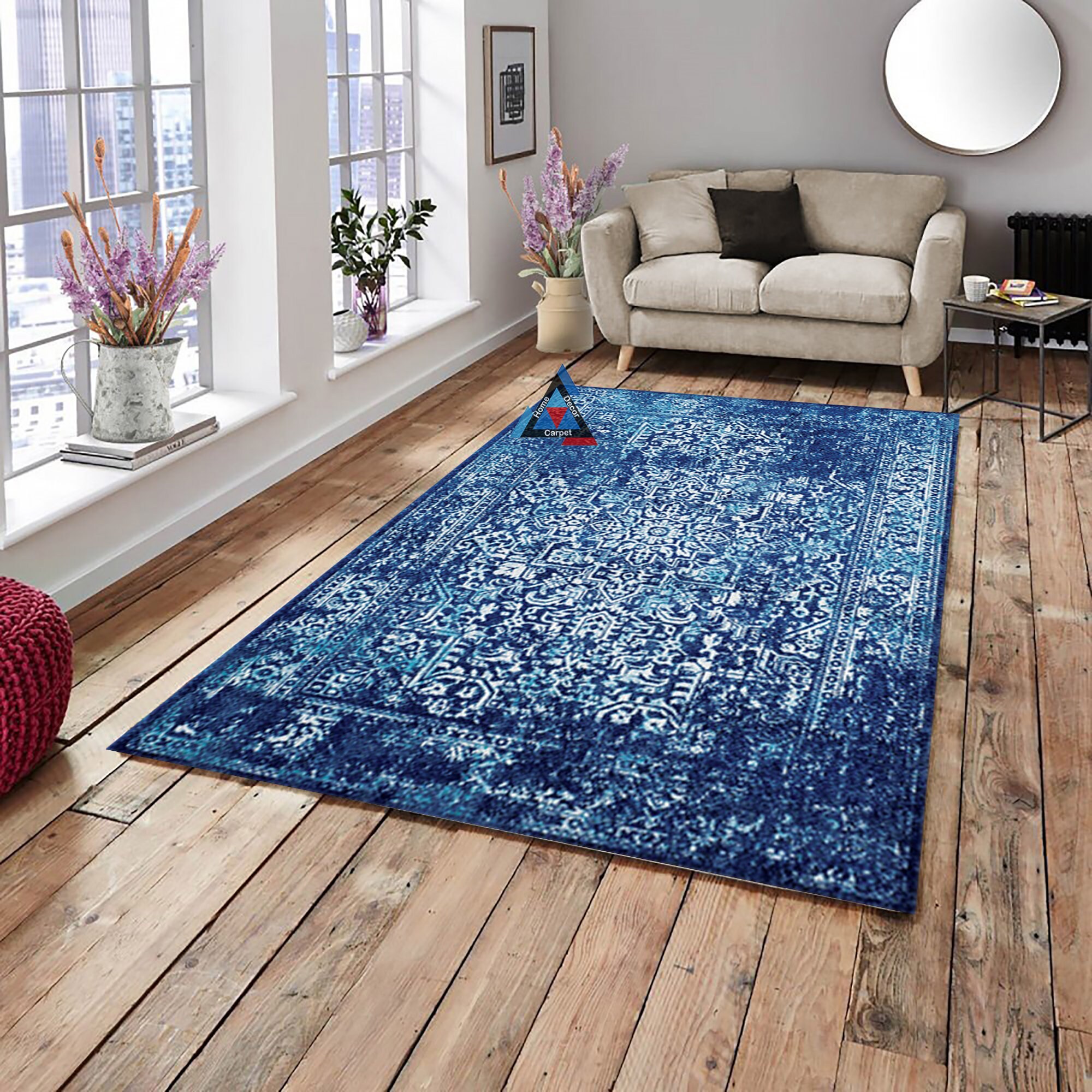  RUGMRZ Teppiche, Dämm- & Schutzmatten 140 x 210 cm Wohnzimmer  Teppich blau Blumen Dekoration rechteckiger Retro-Teppich Teppich Für  Esszimmer