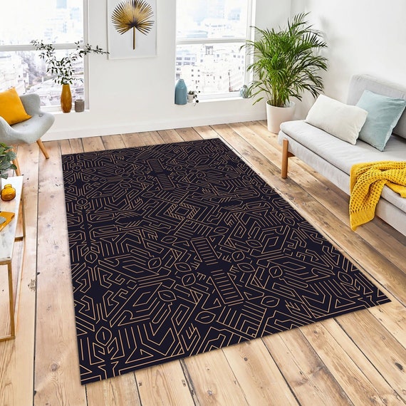 Art Deco Rug, Art Deco Style Area Rug, Golden Elements on Black