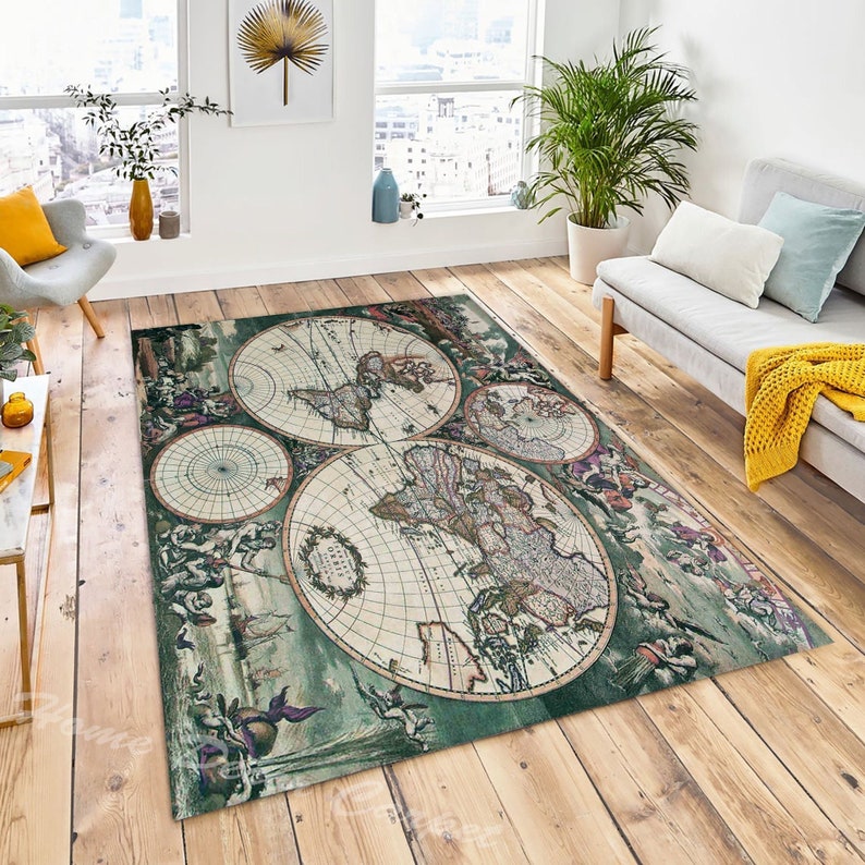 May include: A green rug with a vintage world map design. The map is surrounded by decorative elements and features a compass rose.